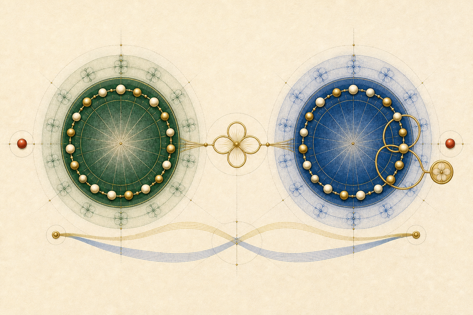 Layered versions of the recurring field wheels expose character structure while a doubled gold loop on the blue wheel closes at a noncentral bead.
