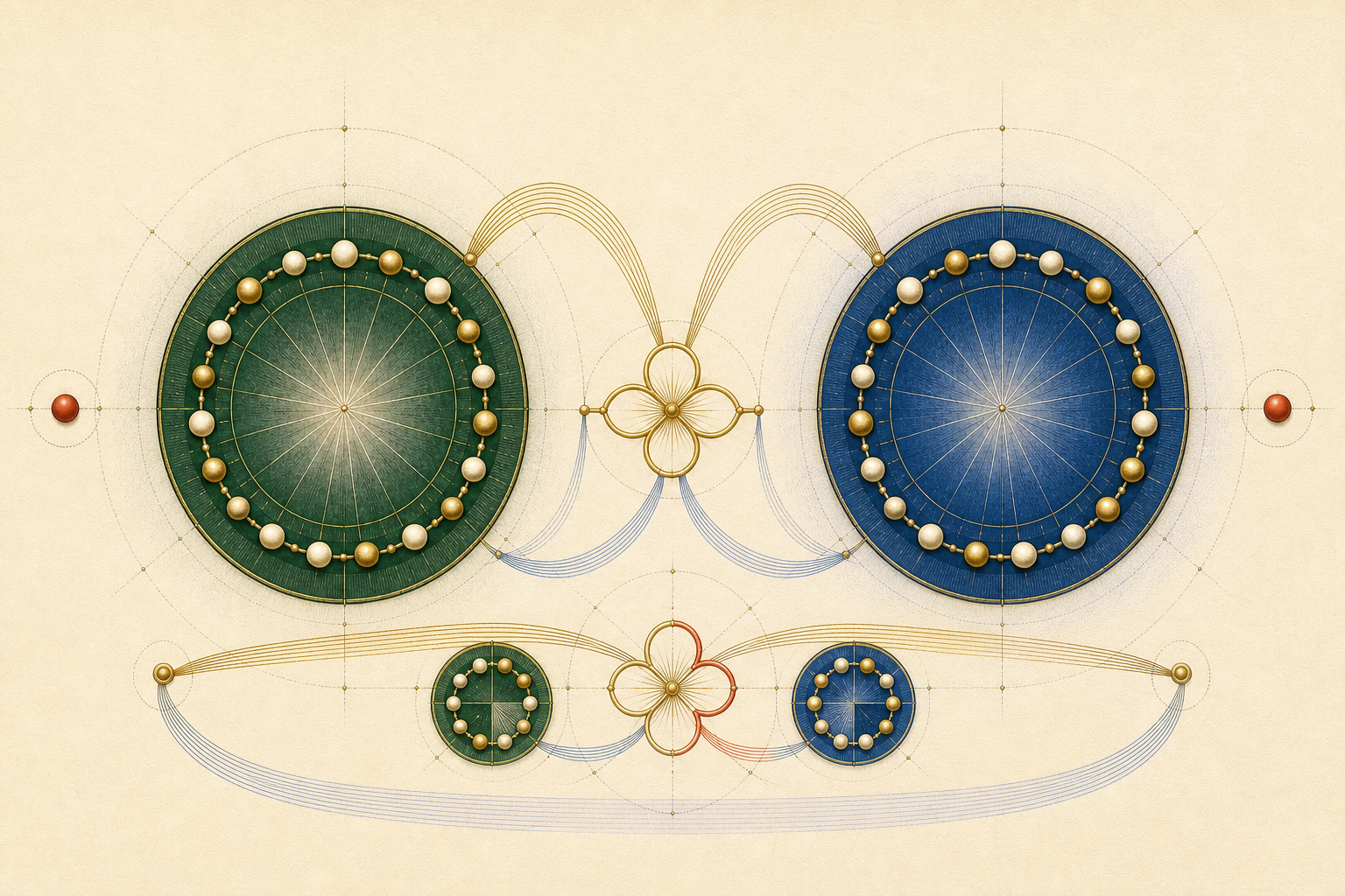 The full green and blue wheels close a symmetric reciprocal circuit above a smaller parity echo with one restrained red half-turn on its gold rosette.