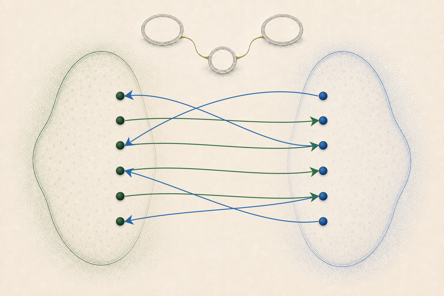Non-exhaustive green and blue point fields show four representative injective strands in each direction, with a separate empty-case medallion above.