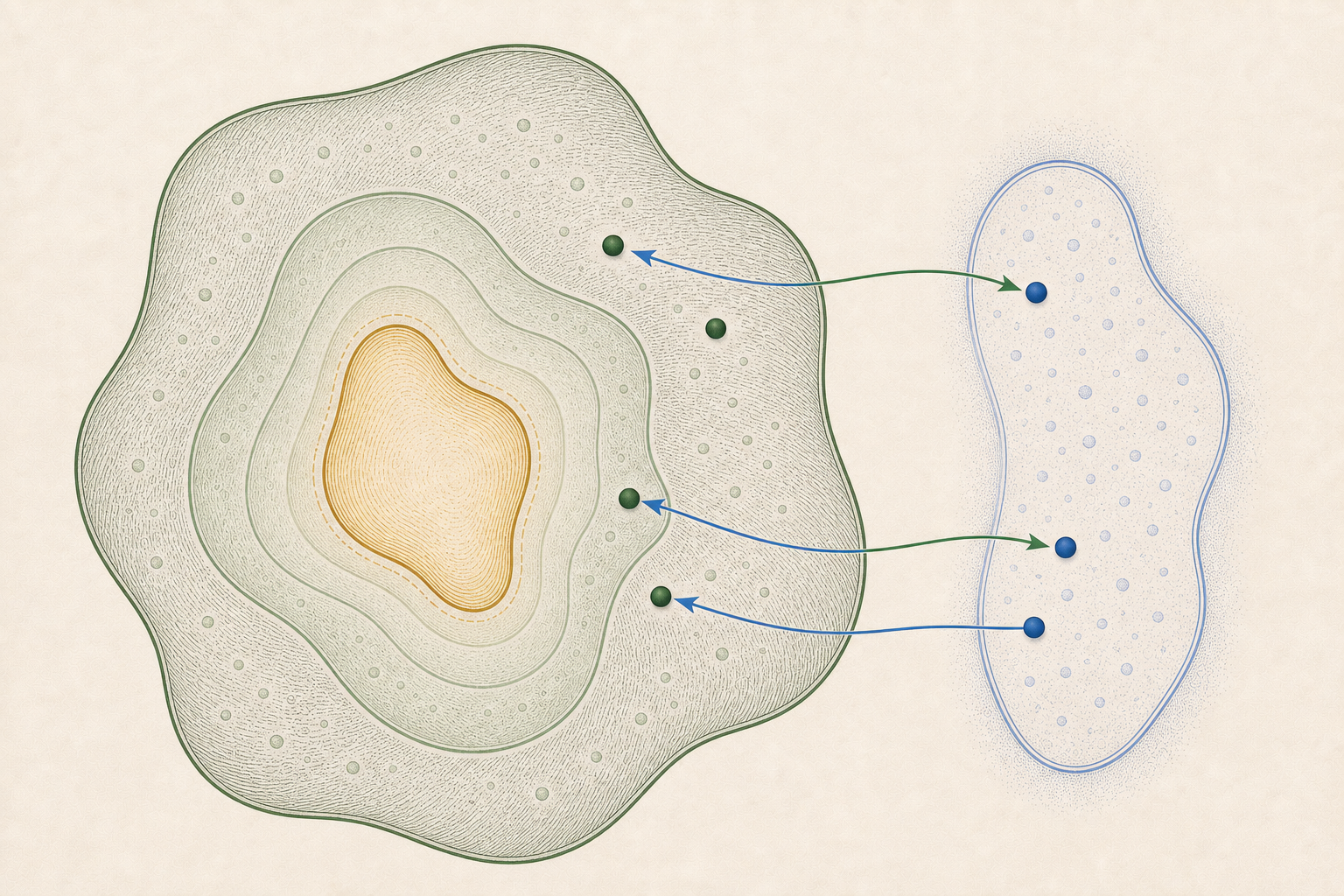 A shifted non-exhaustive source window surrounds a nested gold fixed-point island while a few injective sample strands connect the secondary target field.