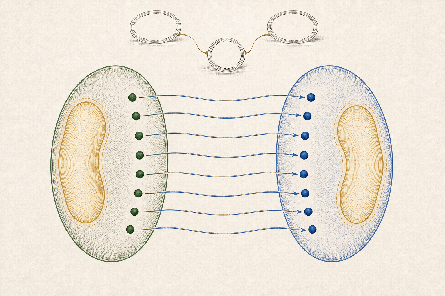 Braided cobalt-and-gold strands carry the hatched source complement into the target complement beside a separate gold forward-image island.