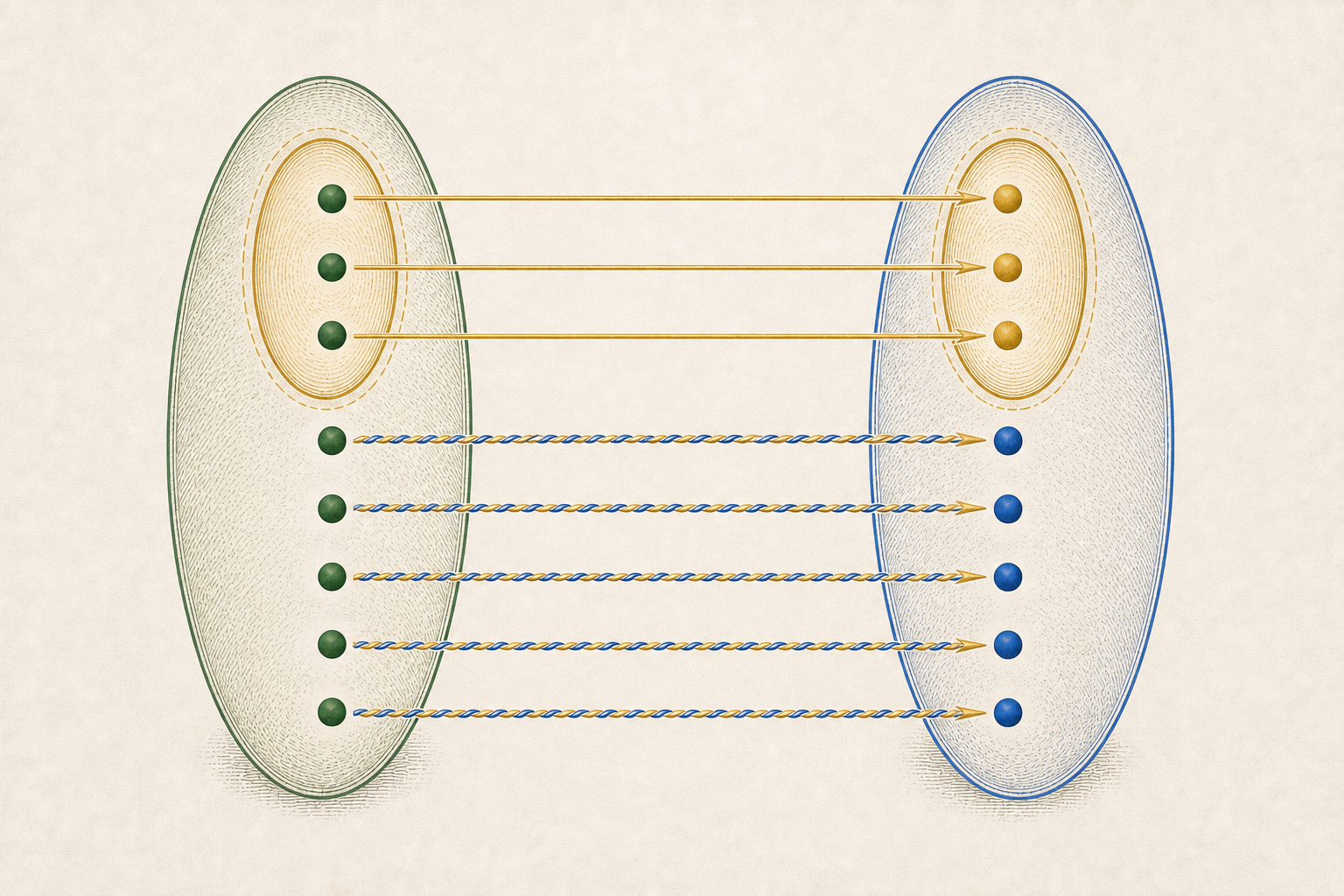 Gold strands from the selected source island and braided dashed strands from its hatched complement fill complementary regions of the blue target field.