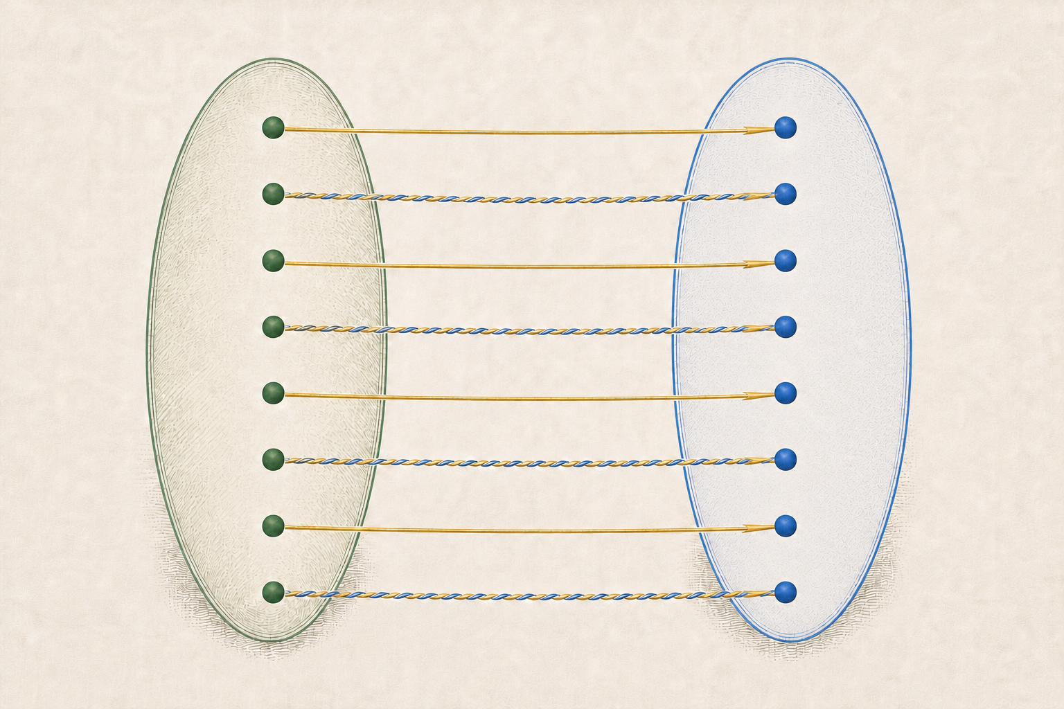 Eight green points pair exactly with eight blue points through alternating solid-gold and cobalt-gold braided strands, each endpoint used once.