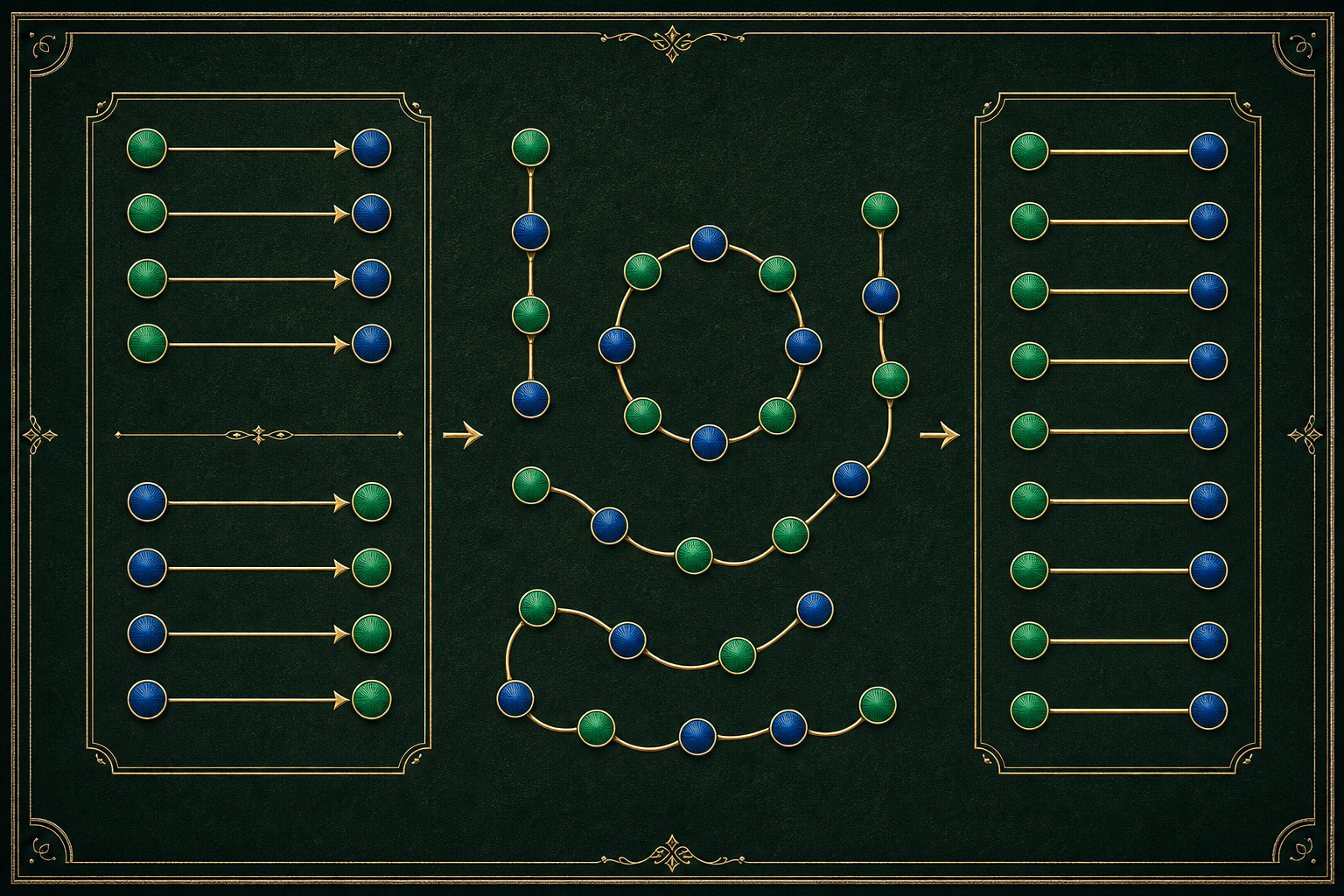 Opposing one-to-one arrows between emerald and cobalt nodes are reorganized into alternating chains and loops, then into a complete row-by-row pairing.