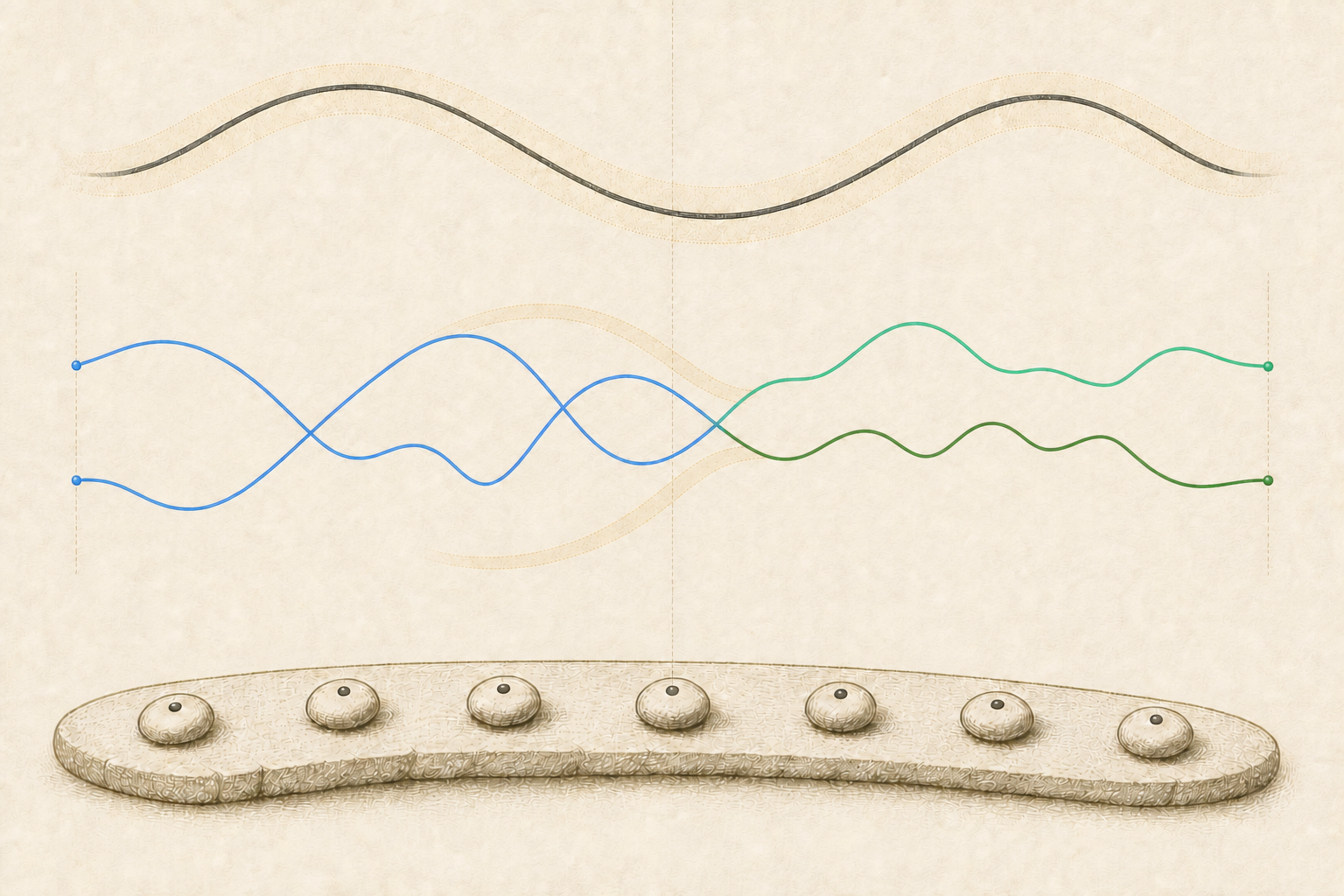 On the same compact domain, paired green and cobalt curves combine through gold folds into clean finite upper and lower envelopes around the fixed target.