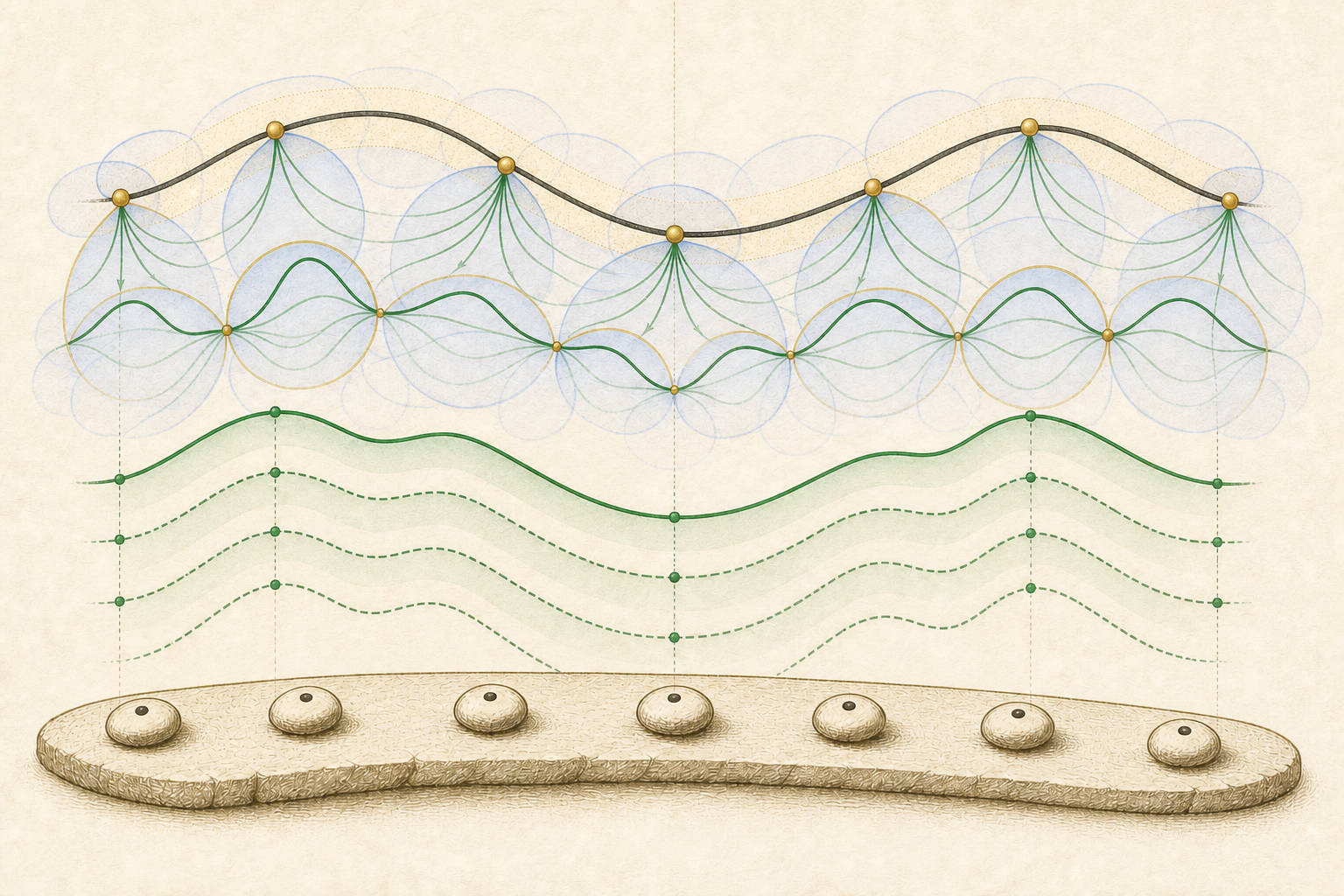 Several cobalt local curves anchored at the same engraved point stones cover the compact domain beneath a narrow gold error band around the target.