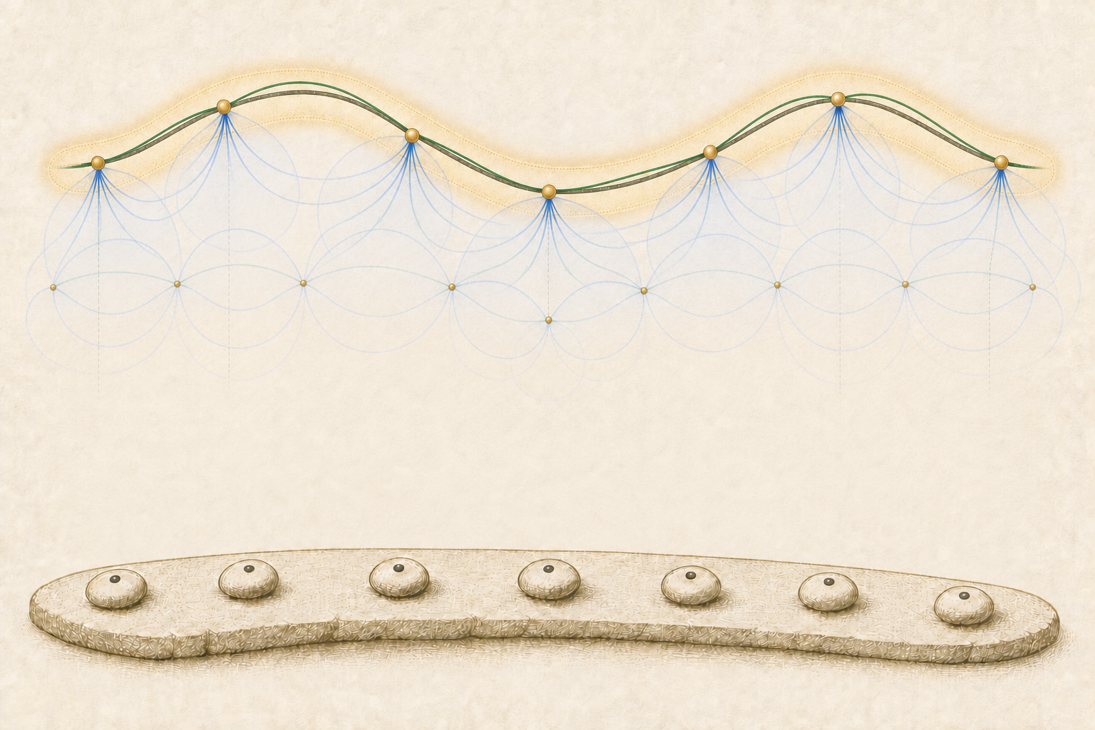 The recurring finite local patches combine into one emerald curve lying uniformly inside the narrow gold band around the fixed charcoal target.