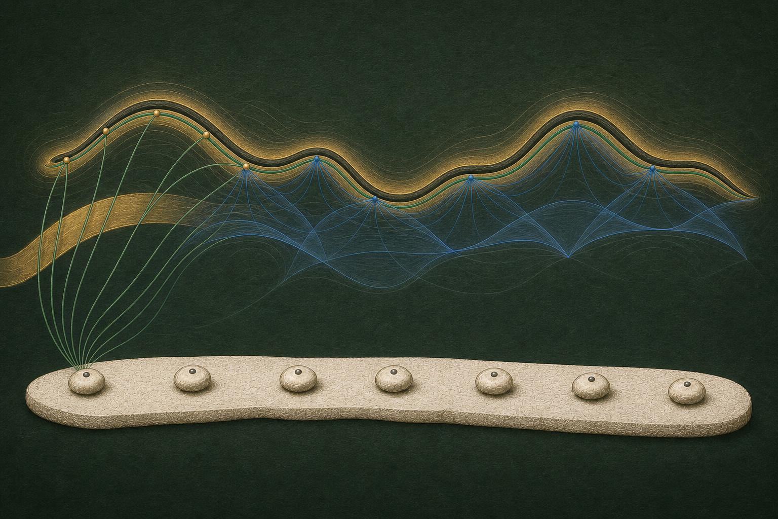 Green separating curves fold into a lattice and finite cobalt local patches combine into one emerald curve inside a narrow gold band around a charcoal target on a compact domain.