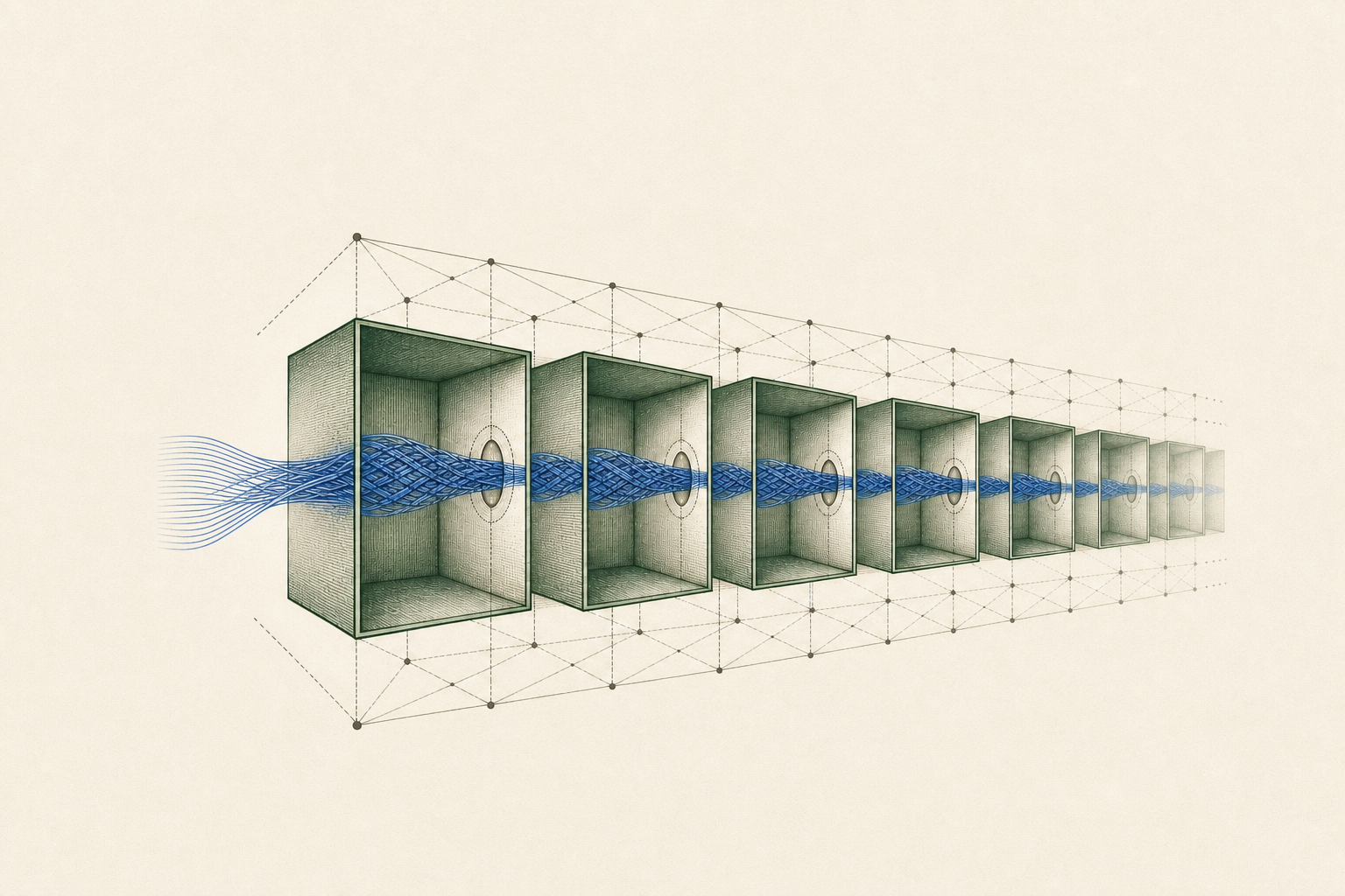An open-ended receding family of engraved forest-green coordinate chambers is threaded by one cobalt braided current inside a fine charcoal product lattice, with empty evaluation apertures but no selected points.