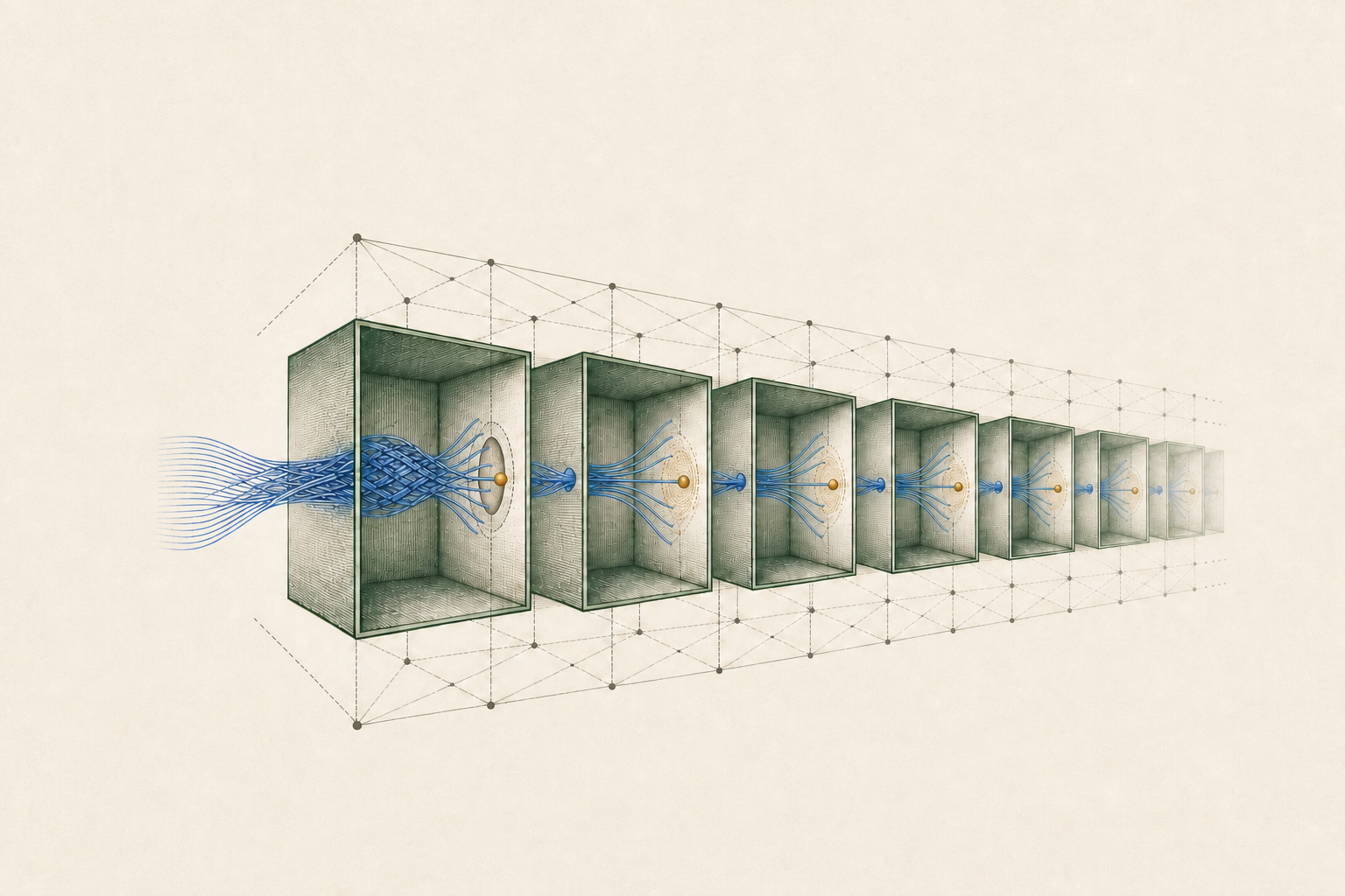 The cobalt braid projects through identical apertures into the receding green chambers, where exactly one antique-gold point receives each visible coordinate strand.