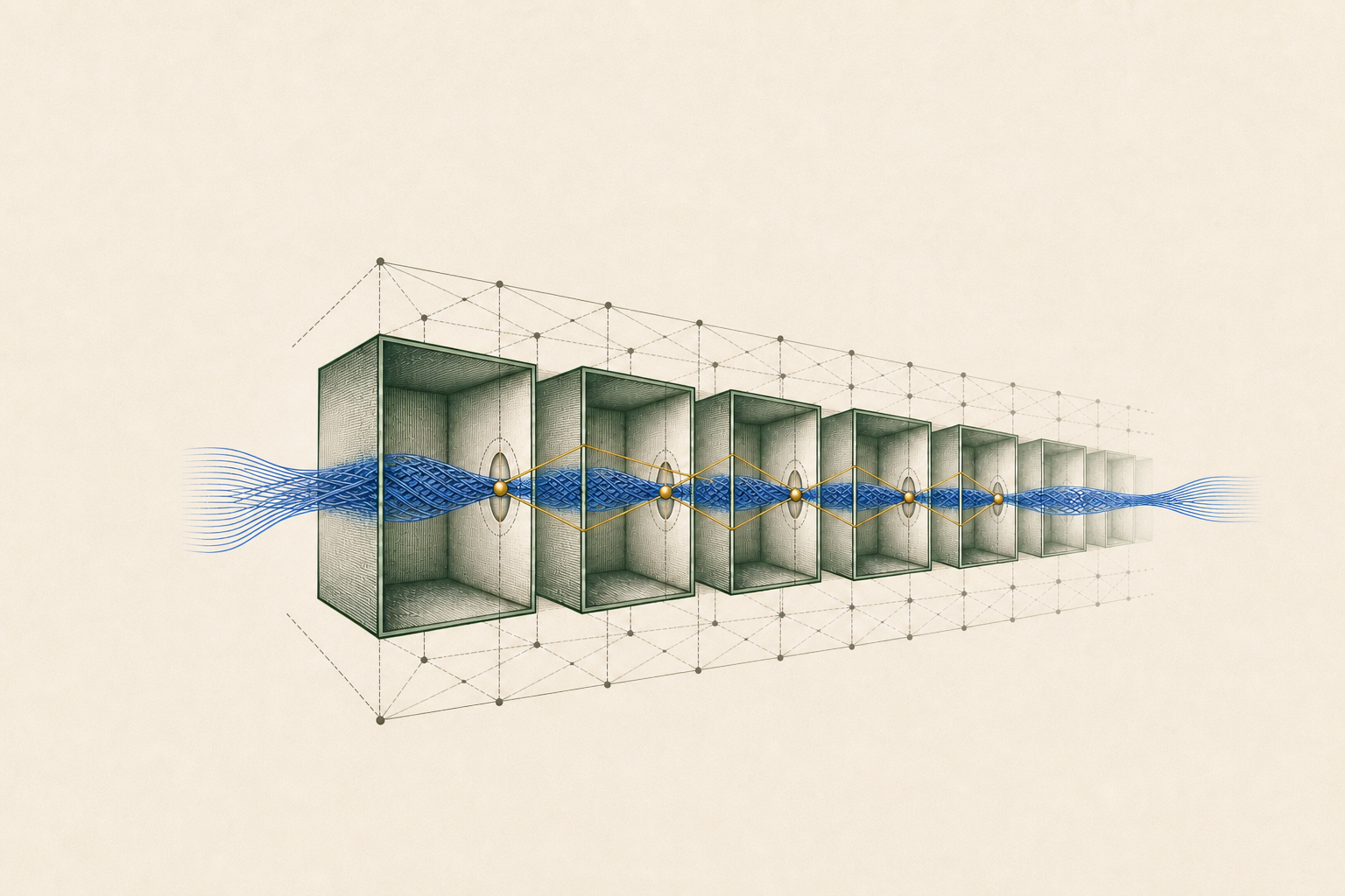 One gold point in each detailed green chamber is joined by a sparse gold product lattice as separated cobalt strands braid back into one calm current within the receding family.
