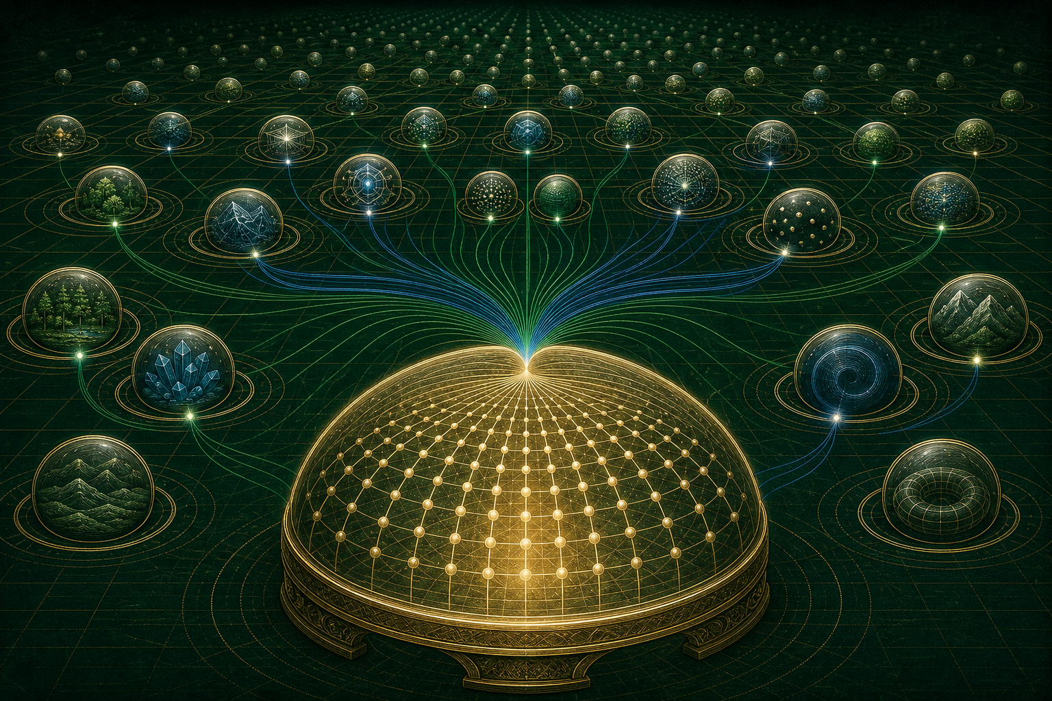 An infinite field of enclosed coordinate worlds recedes into the distance while emerald and cobalt threads gather their chosen points into one luminous, enclosed product space.