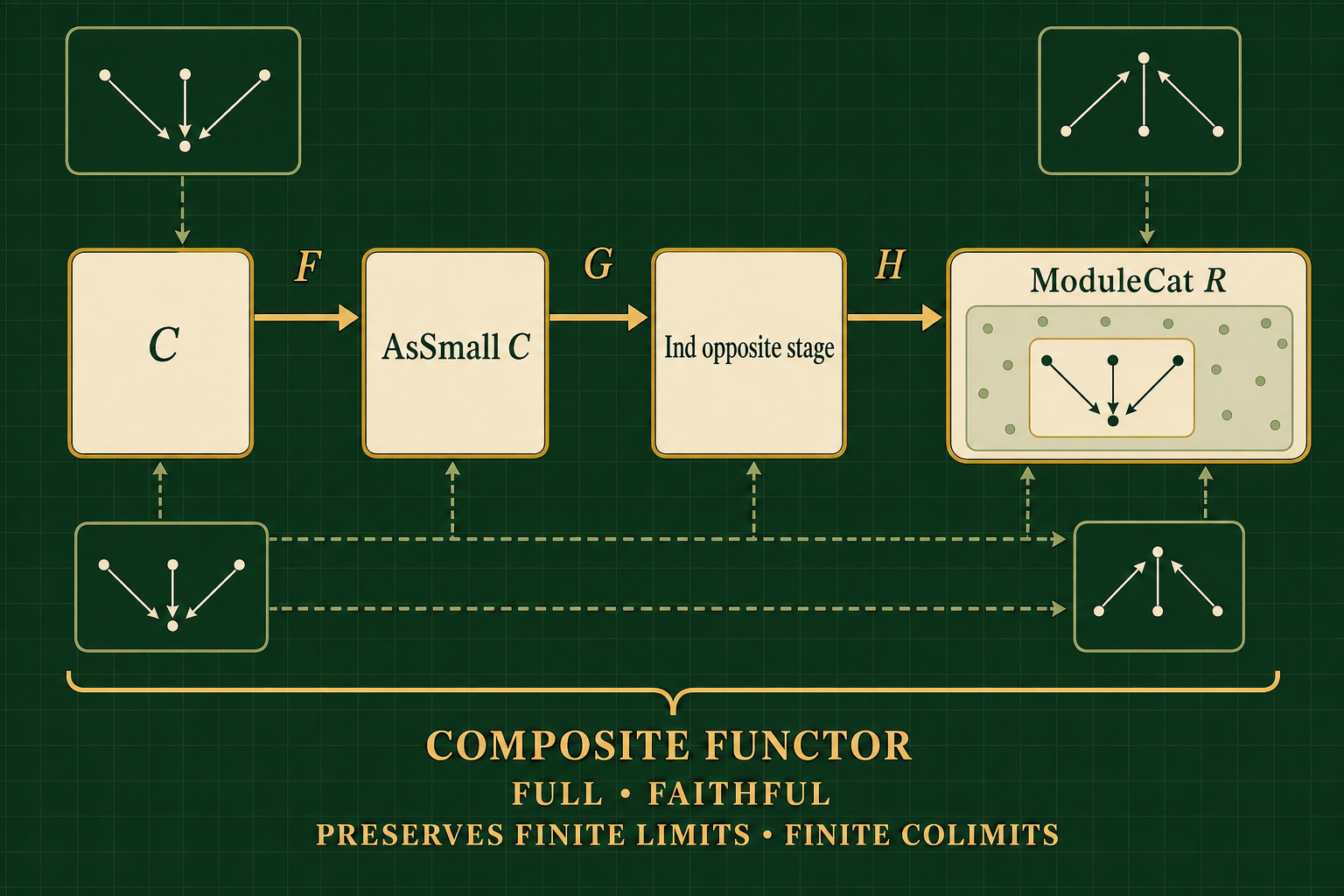 Original pixels inspected after a targeted correction. The four stage labels are exactly C, AsSmall C, Ind opposite stage, and ModuleCat R; the three main arrow labels are exactly F, G, and H; every main arrow points left-to-right. The full-width bracket correctly assigns COMPOSITE FUNCTOR, FULL • FAITHFUL, and PRESERVES FINITE LIMITS • FINITE COLIMITS to the composite rather than one intermediate arrow. All labels are perfectly spelled and appear once. The cone and cocone insets are now fully unlabeled; the highlighted image in ModuleCat R is an unlabeled proper subdiagram surrounded by additional ambient nodes. There is no reverse arrow, equivalence symbol, arbitrary-limit wording, crop, watermark, pseudo-writing, or remaining mathematical/text defect.