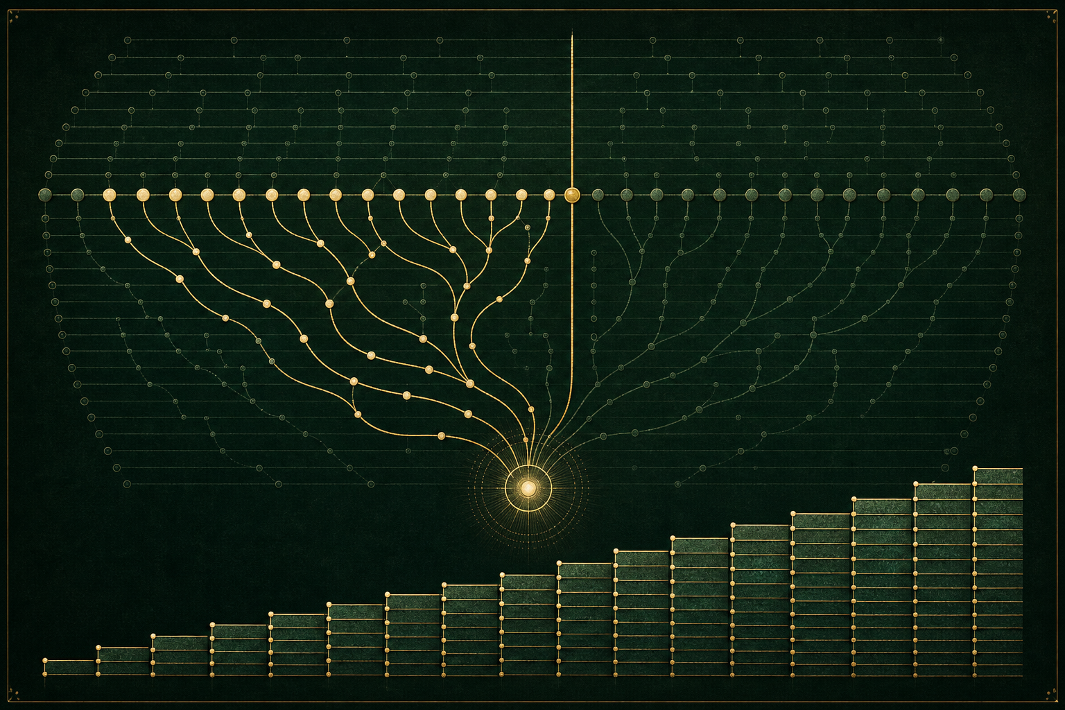 A gold integer-cutoff line selects finitely many highlighted starting nodes whose accelerated-Collatz paths converge to one fixed target. Below, a discrete staircase of counting blocks grows with the natural cutoff.