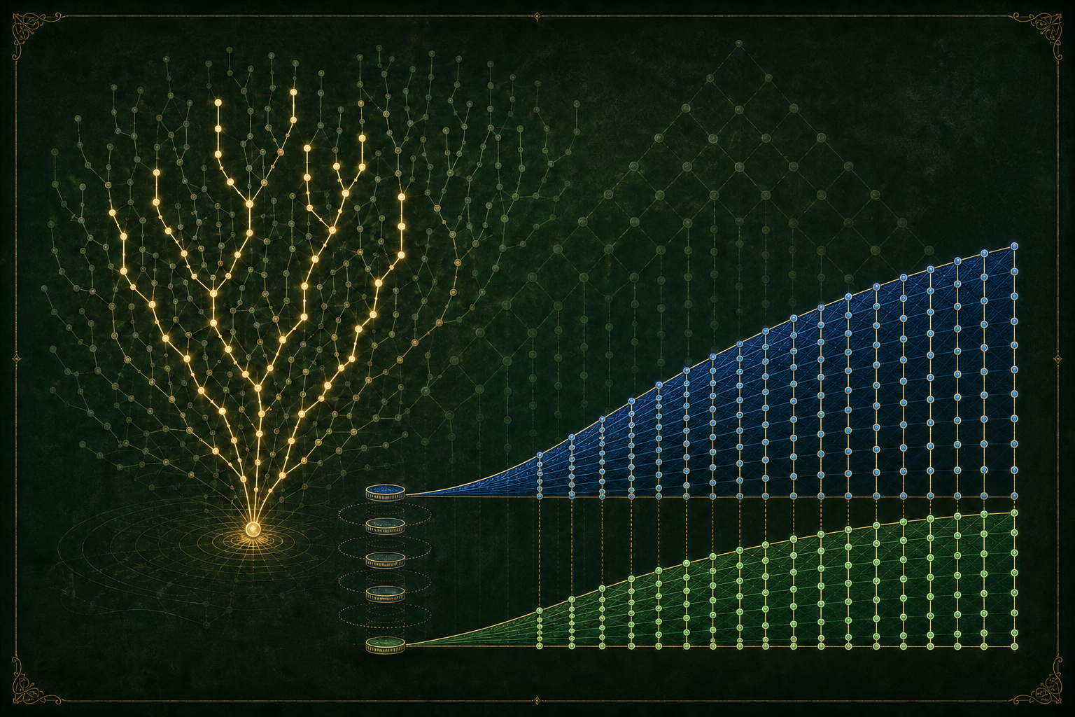 A fixed gold target supports a selected predecessor tree on the left. A stack of differently sized scale tokens feeds two concave sublinear growth fans on the right, with the slightly steeper blue exponent eventually opening above the green unit-scale exponent.