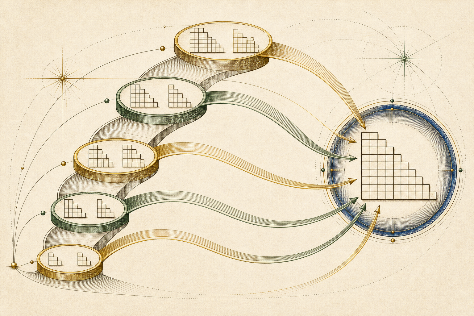 Five sparse curved landings hold paired earlier Young diagrams with alternating solid gold and hatched green rims, and their contribution ribbons reconstruct one larger current Young diagram.