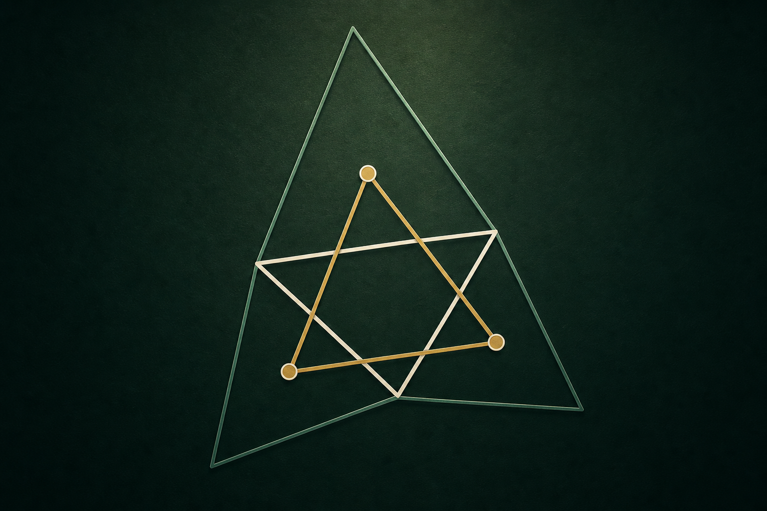 A scalene ivory triangle with one outward equilateral construction on each side; exactly three gold centroid nodes are joined into a fourth equilateral triangle.