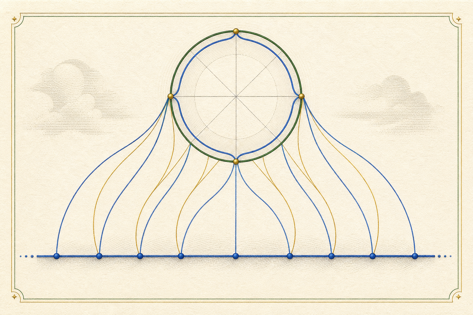 A circle is connected by repeated covering arcs to a real line carrying one continuous chosen lift.