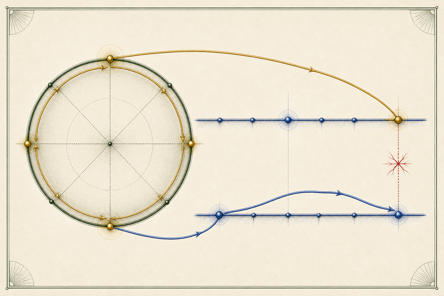 A full gold turn around the circle conflicts with separated endpoints on two blue lifted-line states.