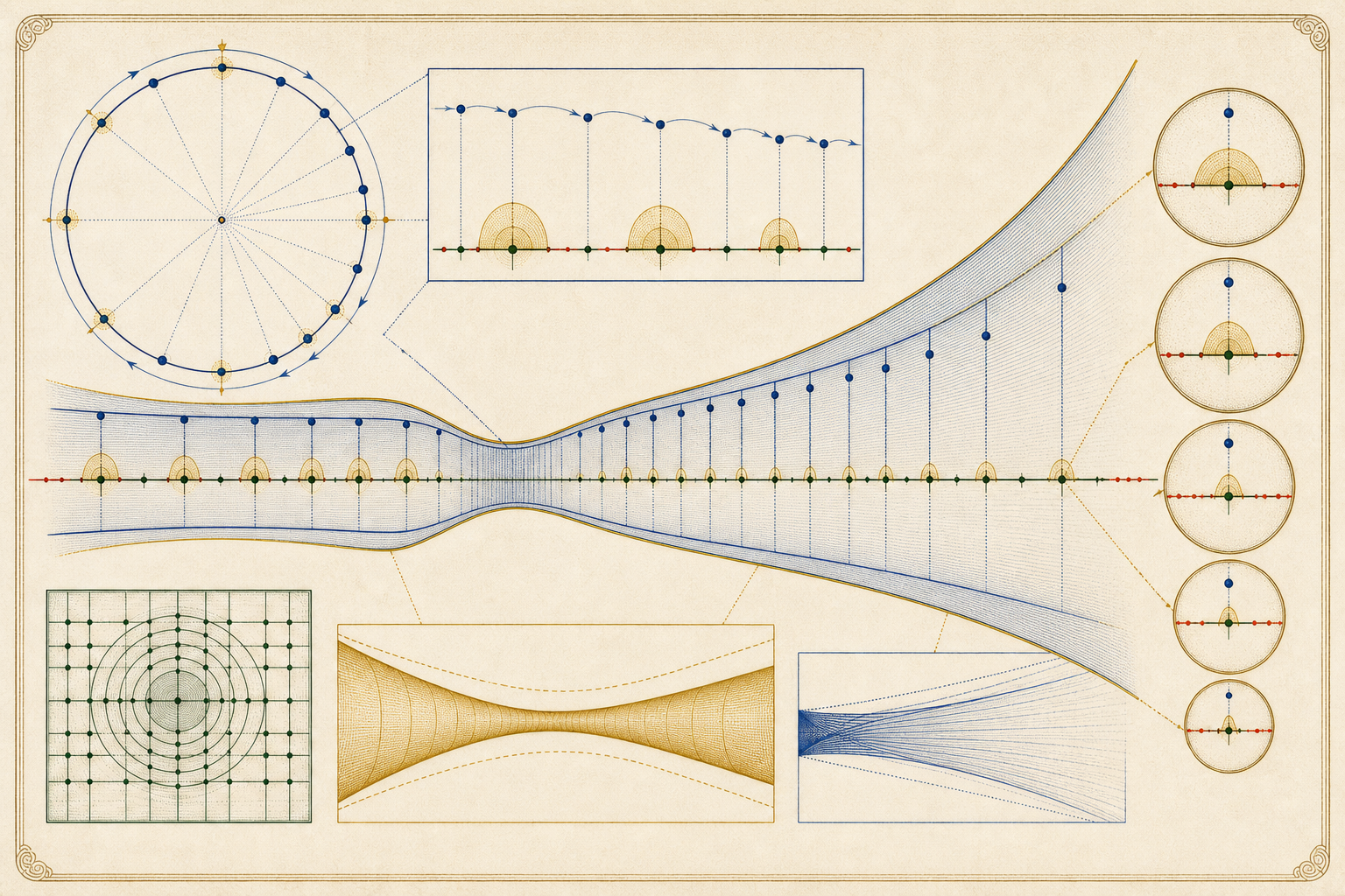 Cobalt irrational-rotation samples remain outside gold neighborhoods of an aligned integer lattice; the protected widths shrink by a power law while finite and large-height regions join into one global band.
