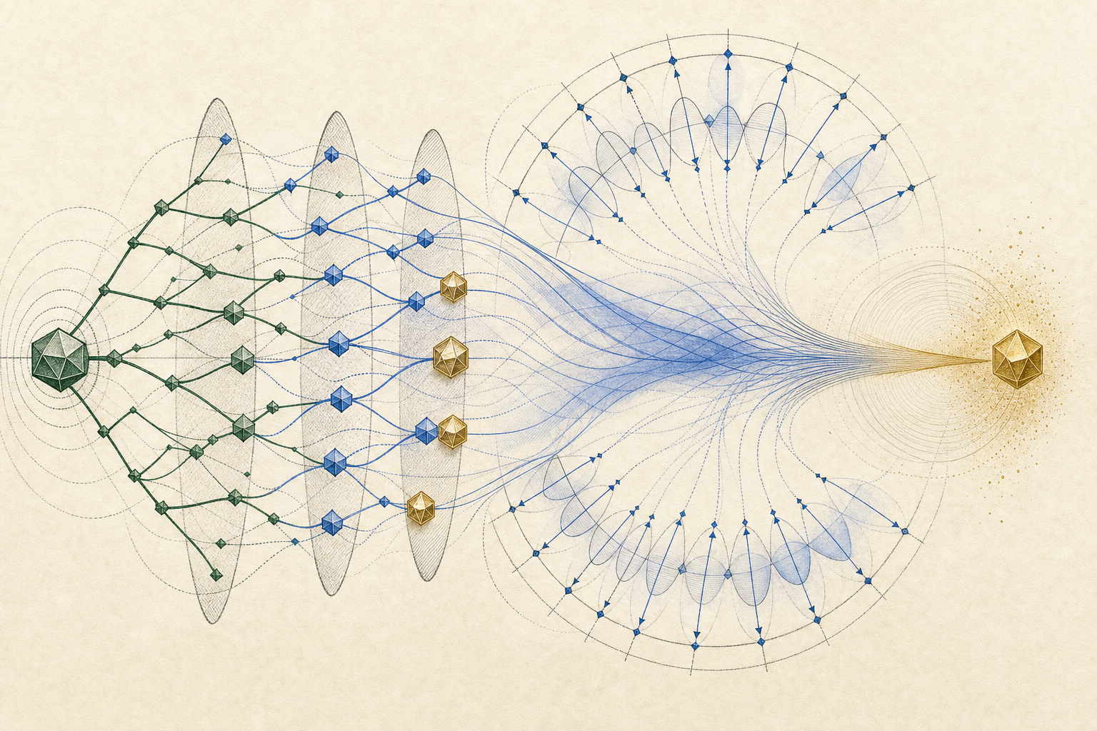 A forest-green renewal tree and repeated return arches feed cobalt character phases arranged on large circular frequency geometry; the oscillations cancel into a narrow stream ending at one antique-gold residual bead.