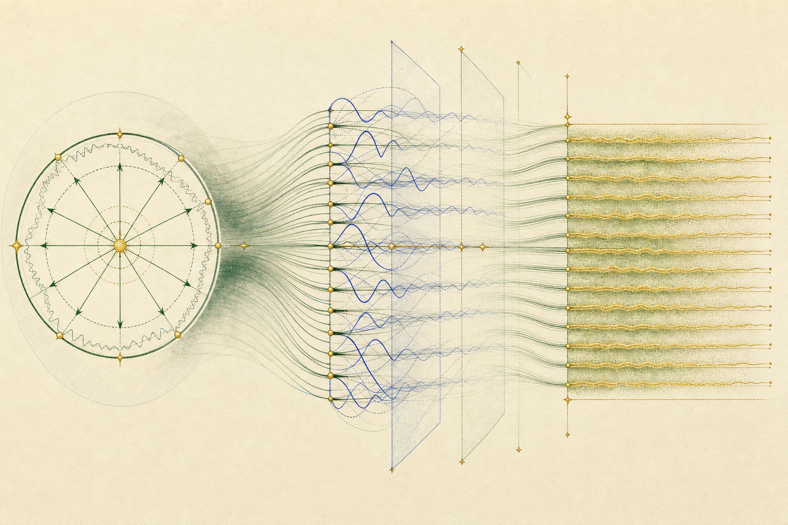 A circular family of forest-green frequency spokes narrows into layered cobalt oscillations passing through translucent residue-fiber planes, then emerges as evenly spaced antique-gold horizontal fibers with only faint remaining variation.