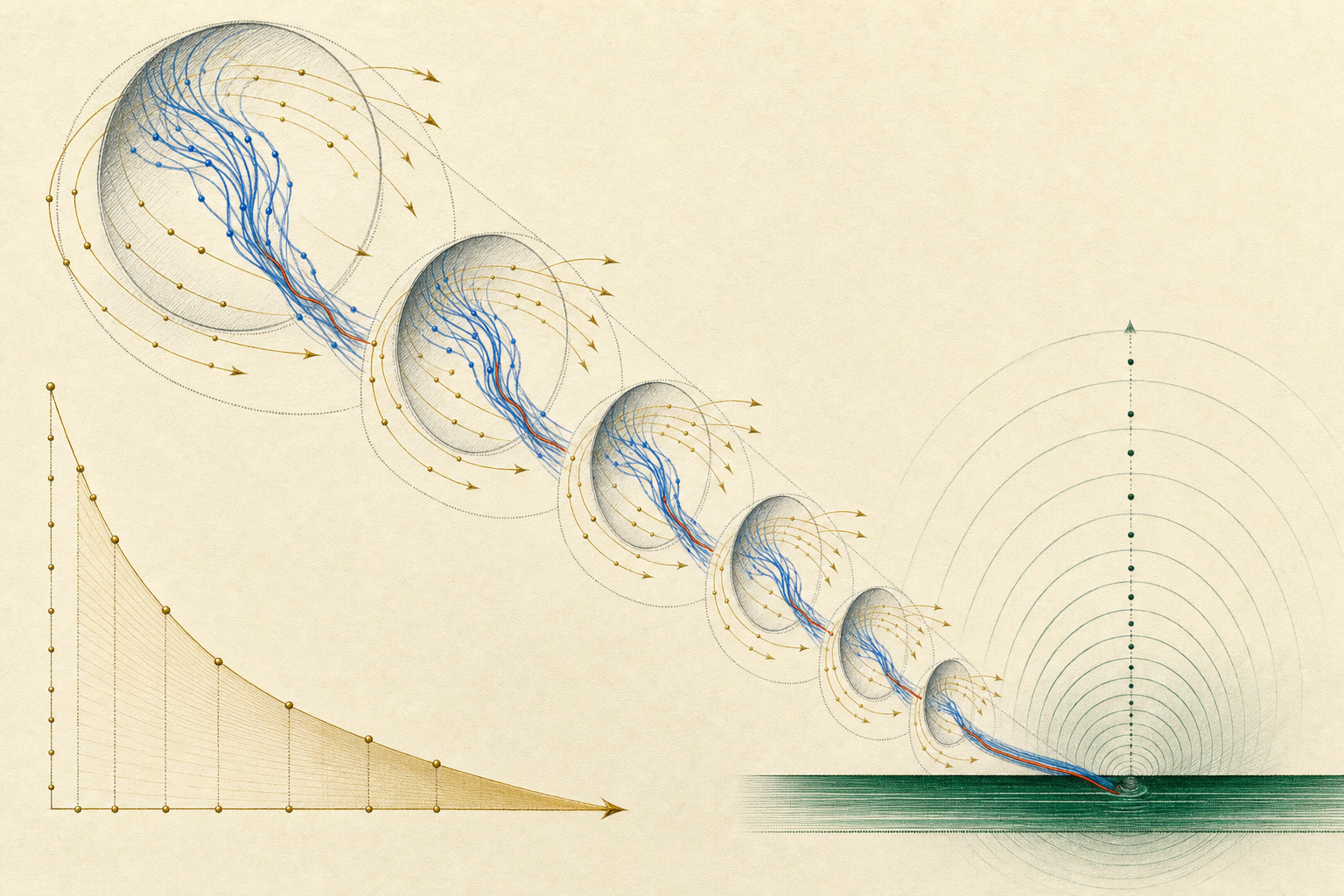 A descending chain of progressively smaller circular source scales carries braided cobalt and forest-green traces toward a deep-green threshold basin; an antique-gold decay envelope at the lower left shrinks as the multiscale chain advances.