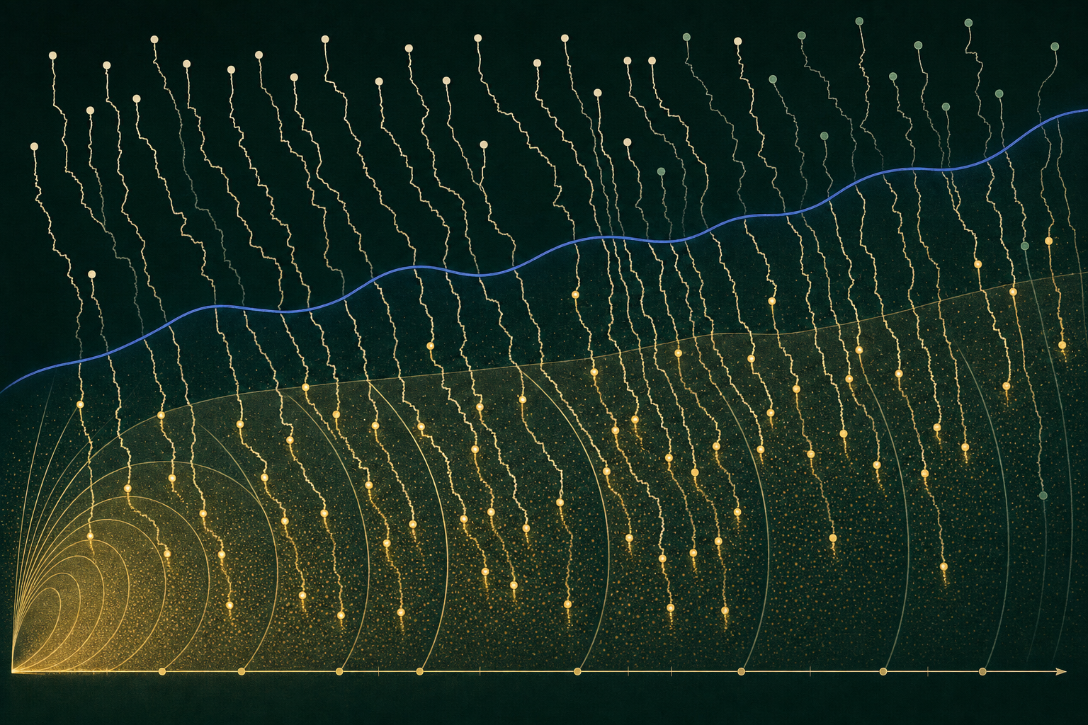 On a deep forest-green field, many deterministic Collatz traces descend from distinct starts. A gently undulating cobalt threshold rises across the scene; most antique-gold minimum nodes lie strictly below it, while widening gold contours evoke logarithmic weighting and a sparse muted set remains above.